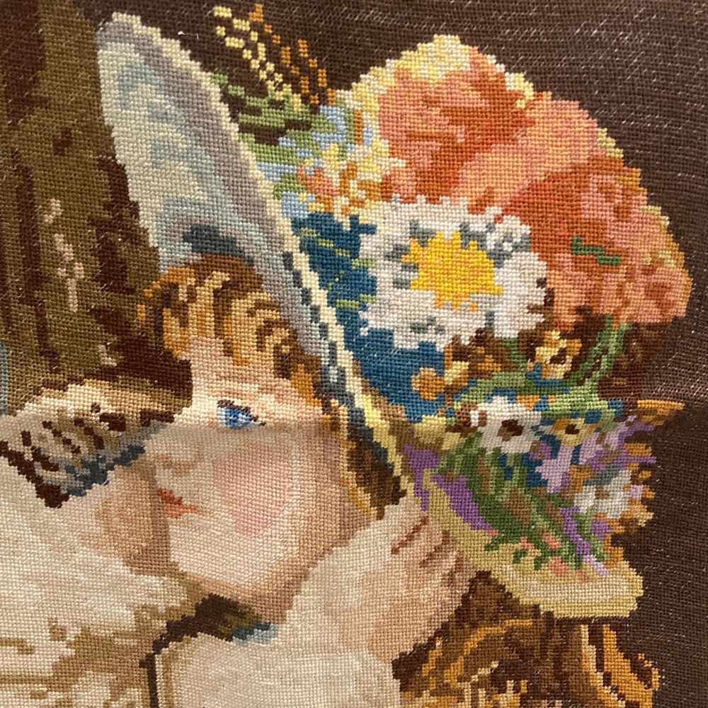 Vintage Needlepoint Art with Floral Hat